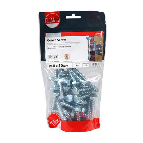 This is an image showing TIMCO Coach Screws - Hex - Zinc - 10.0 x 50 - 45 Pieces TIMbag available from T.H Wiggans Ironmongery in Kendal, quick delivery at discounted prices.