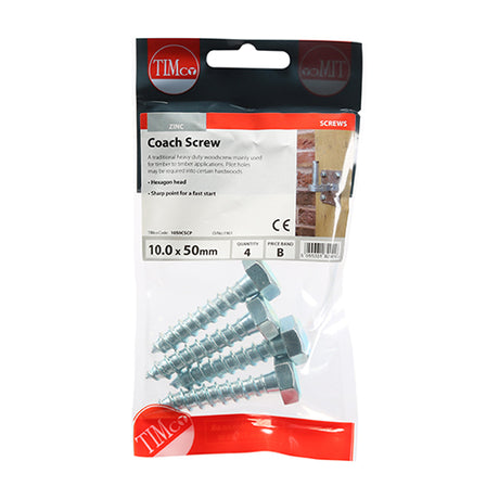 This is an image showing TIMCO Coach Screws - Hex - Zinc - 10.0 x 50 - 4 Pieces TIMpac available from T.H Wiggans Ironmongery in Kendal, quick delivery at discounted prices.