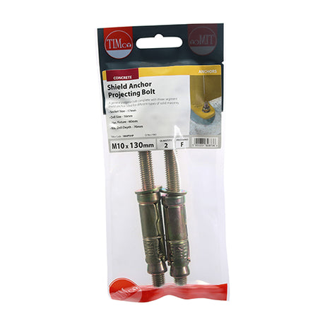 This is an image showing TIMCO Shield Anchor Projecting Bolts - Yellow - M10:60P (M10 x 130) - 2 Pieces TIMpac available from T.H Wiggans Ironmongery in Kendal, quick delivery at discounted prices.