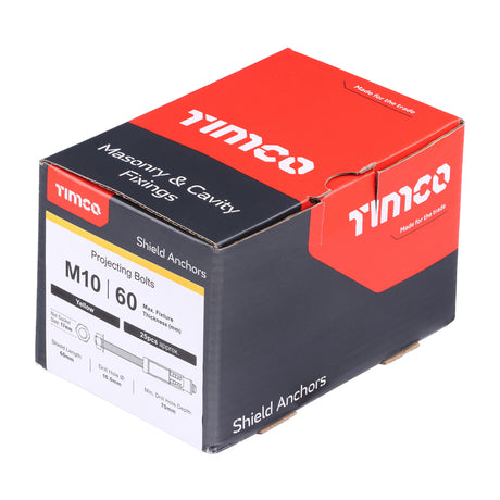 This is an image showing TIMCO Shield Anchor - Projecting Bolts - Yellow - M10:60P (M10 x 130) - 25 Pieces Box available from T.H Wiggans Ironmongery in Kendal, quick delivery at discounted prices.