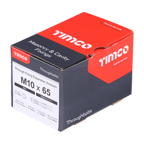 This is an image showing TIMCO Throughbolts - Zinc - M10 x 65 - 50 Pieces Box available from T.H Wiggans Ironmongery in Kendal, quick delivery at discounted prices.