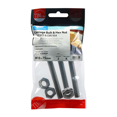 This is an image showing TIMCO Carriage Bolts & Hex Nuts - Stainless Steel - M10 x 75 - 3 Pieces TIMpac available from T.H Wiggans Ironmongery in Kendal, quick delivery at discounted prices.