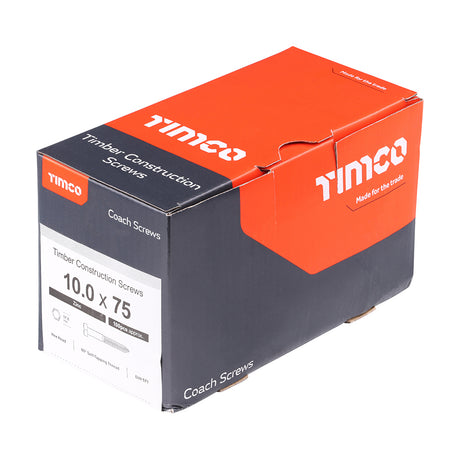 This is an image showing TIMCO Coach Screws - Hex - Zinc - 10.0 x 75 - 100 Pieces Box available from T.H Wiggans Ironmongery in Kendal, quick delivery at discounted prices.