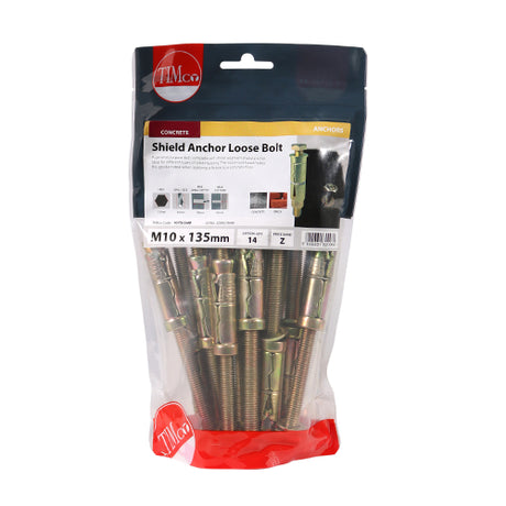 This is an image showing TIMCO Shield Anchor Loose Bolts - Yellow - M10:75L (M10 x 135) - 14 Pieces TIMbag available from T.H Wiggans Ironmongery in Kendal, quick delivery at discounted prices.