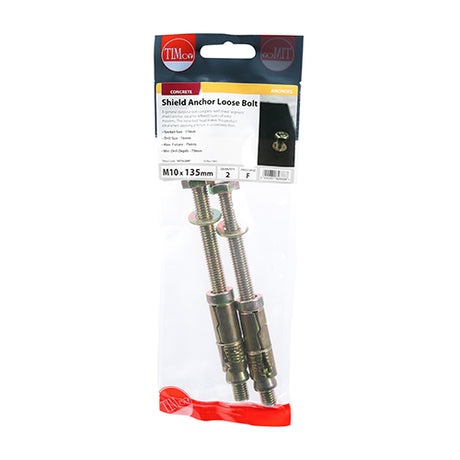 This is an image showing TIMCO Shield Anchor Loose Bolts - Yellow - M10:75L (M10 x 135) - 2 Pieces TIMpac available from T.H Wiggans Ironmongery in Kendal, quick delivery at discounted prices.