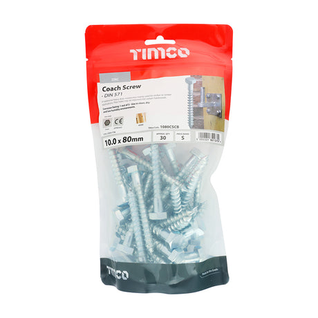 This is an image showing TIMCO Coach Screws - Hex - Zinc - 10.0 x 80 - 30 Pieces TIMbag available from T.H Wiggans Ironmongery in Kendal, quick delivery at discounted prices.