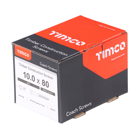 This is an image showing TIMCO Coach Screws - Hex - Zinc - 10.0 x 80 - 50 Pieces Box available from T.H Wiggans Ironmongery in Kendal, quick delivery at discounted prices.