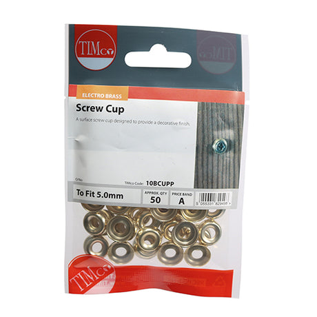 This is an image showing TIMCO Screw Cups - Electro Brass - To fit 10 Gauge Screws - 50 Pieces TIMpac available from T.H Wiggans Ironmongery in Kendal, quick delivery at discounted prices.
