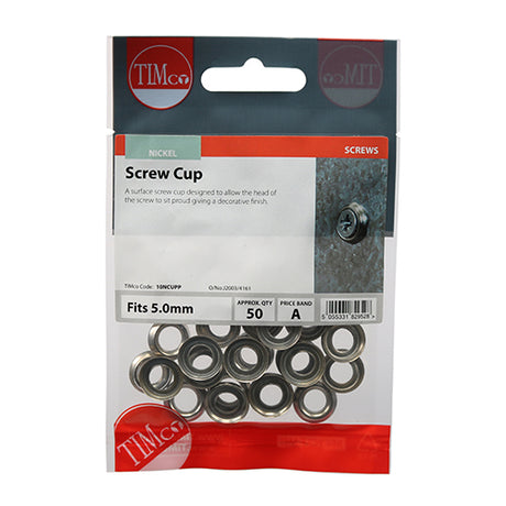 This is an image showing TIMCO Screw Cups - Nickel - To fit 10 Gauge Screws - 50 Pieces TIMpac available from T.H Wiggans Ironmongery in Kendal, quick delivery at discounted prices.