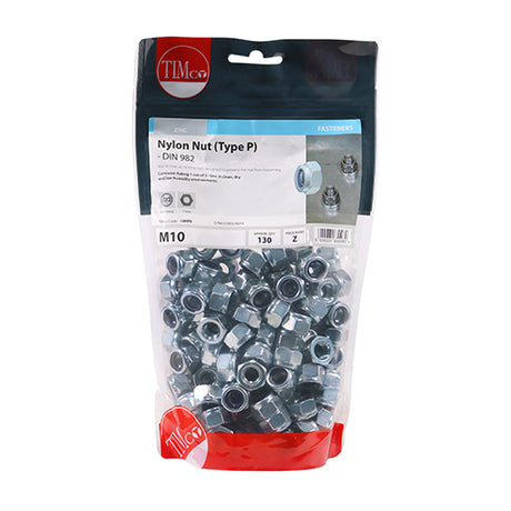 This is an image showing TIMCO Nylon Nuts - Type P - Zinc - M10 - 130 Pieces TIMbag available from T.H Wiggans Ironmongery in Kendal, quick delivery at discounted prices.