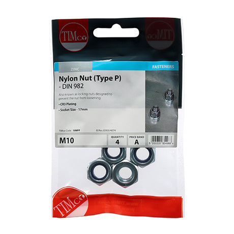 This is an image showing TIMCO Nylon Nuts - Type P - Zinc - M10 - 4 Pieces TIMpac available from T.H Wiggans Ironmongery in Kendal, quick delivery at discounted prices.