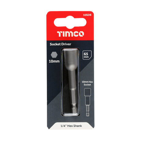 This is an image showing TIMCO Magnetic Socket Driver Bit - Hex - 10 x 65 - 1 Each Blister Pack available from T.H Wiggans Ironmongery in Kendal, quick delivery at discounted prices.