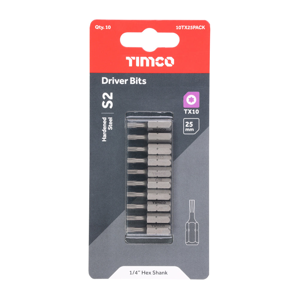 This is an image showing TIMCO S2 Driver Bits - TX - TX10 x 25 - 10 Pieces Blister Pack available from T.H Wiggans Ironmongery in Kendal, quick delivery at discounted prices.