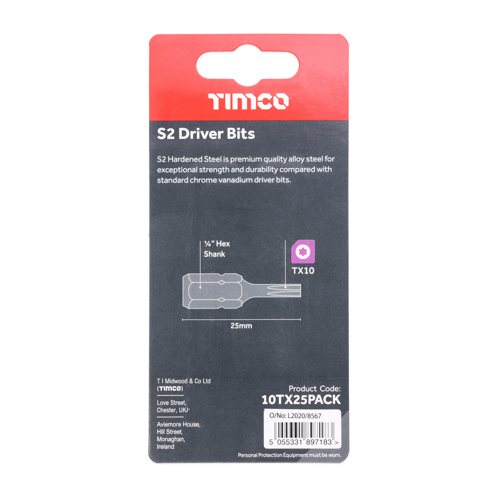 This is an image showing TIMCO S2 Driver Bits - TX - TX10 x 25 - 10 Pieces Blister Pack available from T.H Wiggans Ironmongery in Kendal, quick delivery at discounted prices.