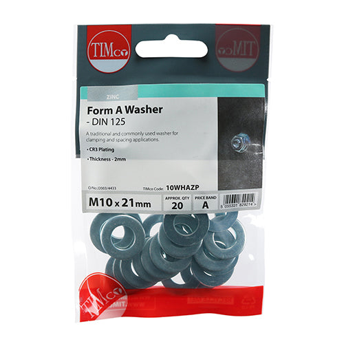 This is an image showing TIMCO Form A Washers - Zinc - M10 - 20 Pieces TIMpac available from T.H Wiggans Ironmongery in Kendal, quick delivery at discounted prices.