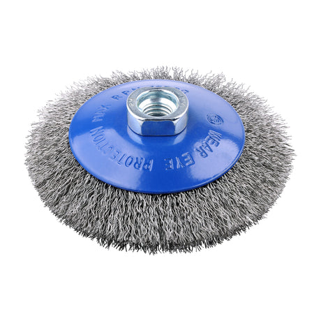 This is an image showing TIMCO Angle Grinder Bevel Brush - Crimped Stainless Steel - 115mm - 1 Each Blister Pack available from T.H Wiggans Ironmongery in Kendal, quick delivery at discounted prices.
