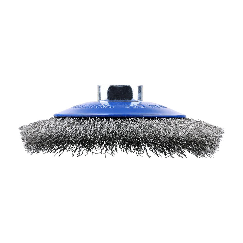 This is an image showing TIMCO Angle Grinder Bevel Brush - Crimped Stainless Steel - 115mm - 1 Each Blister Pack available from T.H Wiggans Ironmongery in Kendal, quick delivery at discounted prices.