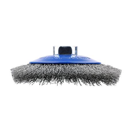 This is an image showing TIMCO Angle Grinder Bevel Brush - Crimped Stainless Steel - 115mm - 1 Each Blister Pack available from T.H Wiggans Ironmongery in Kendal, quick delivery at discounted prices.