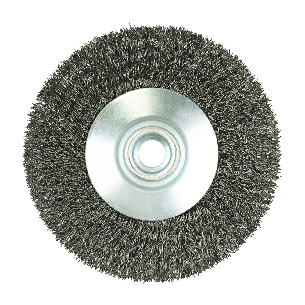 This is an image showing TIMCO Angle Grinder Bevel Brush - Crimped Steel Wire - 115mm - 1 Each Blister Pack available from T.H Wiggans Ironmongery in Kendal, quick delivery at discounted prices.