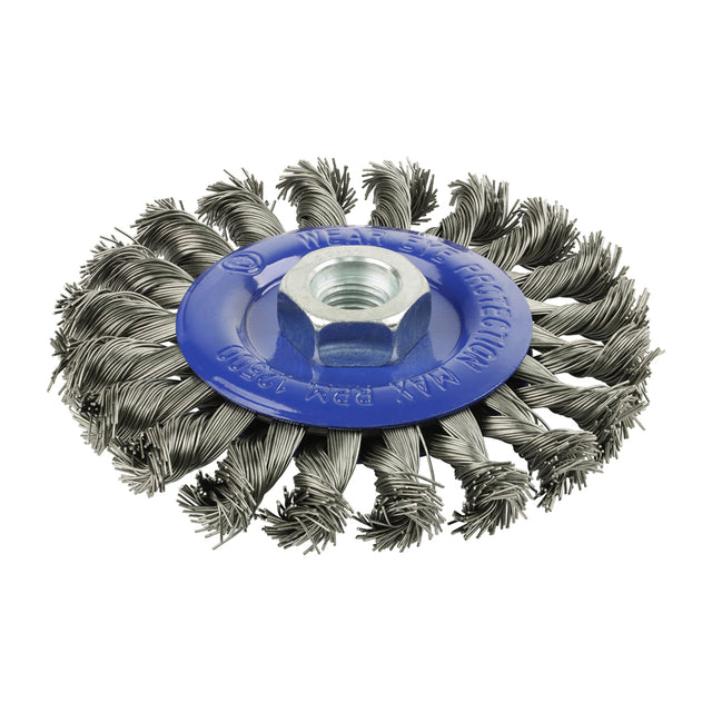 This is an image showing TIMCO Angle Grinder Wheel Brush - Twisted Knot Stainless Steel - 115mm - 1 Each Blister Pack available from T.H Wiggans Ironmongery in Kendal, quick delivery at discounted prices.