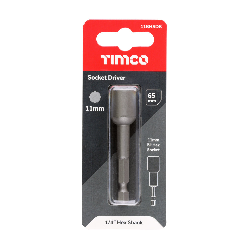 This is an image showing TIMCO Magnetic Socket Driver Bit - Bi-Hex - 11 x 65 - 1 Each Blister Pack available from T.H Wiggans Ironmongery in Kendal, quick delivery at discounted prices.