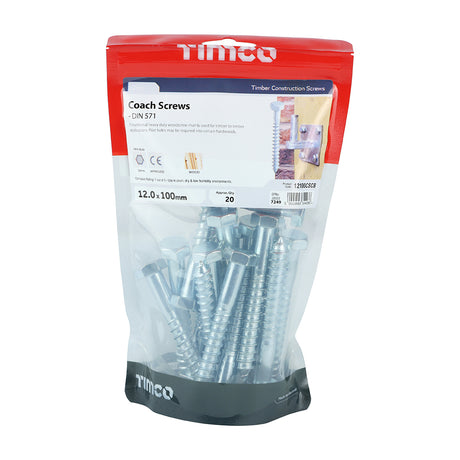 This is an image showing TIMCO Coach Screws - Hex - Zinc - 12.0 x 100 - 20 Pieces TIMbag available from T.H Wiggans Ironmongery in Kendal, quick delivery at discounted prices.