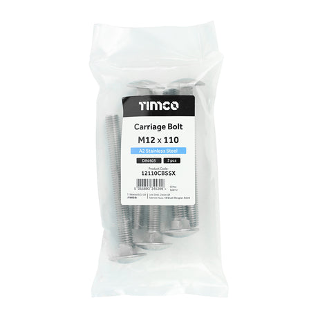 This is an image showing TIMCO Carriage Bolts - A2 Stainless Steel - M12 x 110 - 5 Pieces Bag available from T.H Wiggans Ironmongery in Kendal, quick delivery at discounted prices.