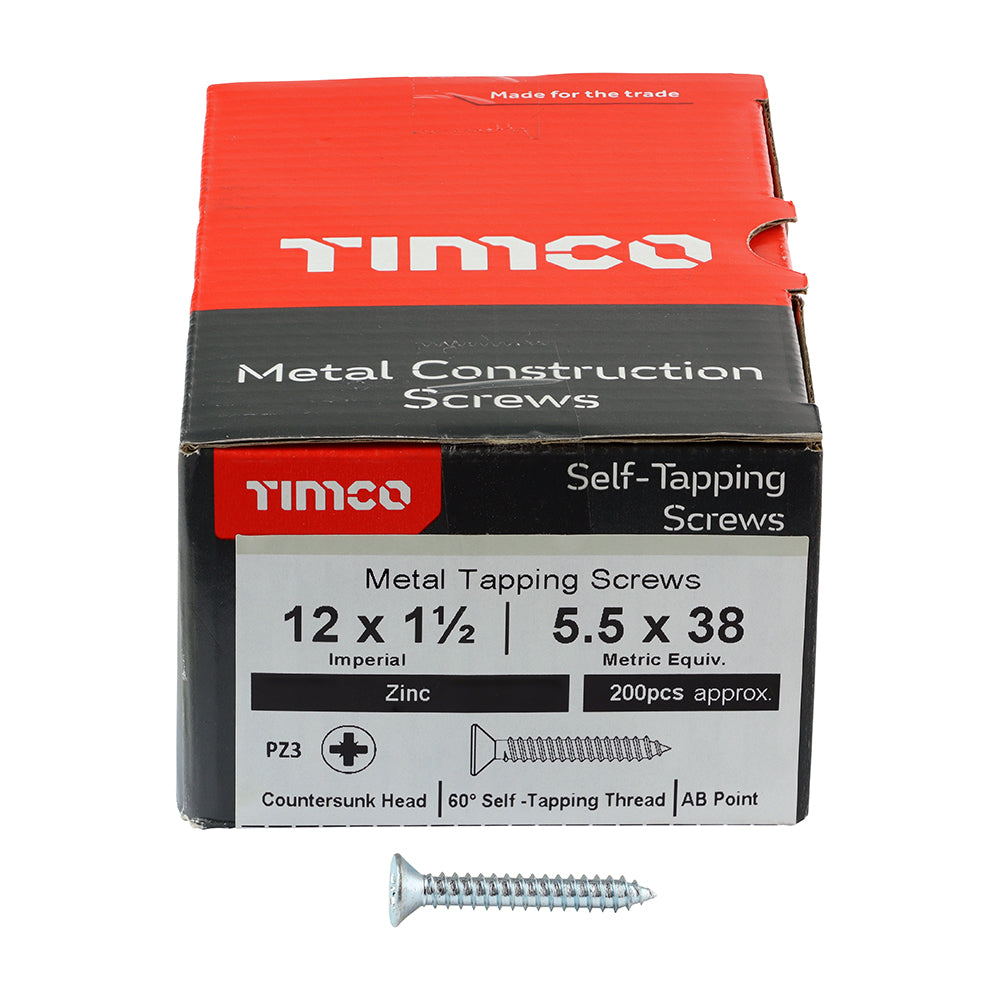 This is an image showing TIMCO Metal Tapping Screws - PZ - Countersunk - Self-Tapping - Zinc - 12 x 1 1/2 - 200 Pieces Box available from T.H Wiggans Ironmongery in Kendal, quick delivery at discounted prices.