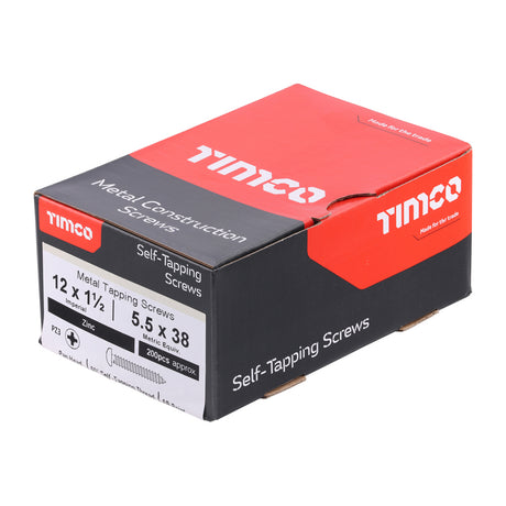 This is an image showing TIMCO Metal Tapping Screws - PZ - Pan - Self-Tapping - Zinc - 12 x 1 1/2 - 200 Pieces Box available from T.H Wiggans Ironmongery in Kendal, quick delivery at discounted prices.