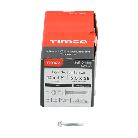 This is an image showing TIMCO Metal Construction Light Section Screws - Hex - Self-Drilling - Zinc - 12 x 1 1/2 - 500 Pieces Box available from T.H Wiggans Ironmongery in Kendal, quick delivery at discounted prices.