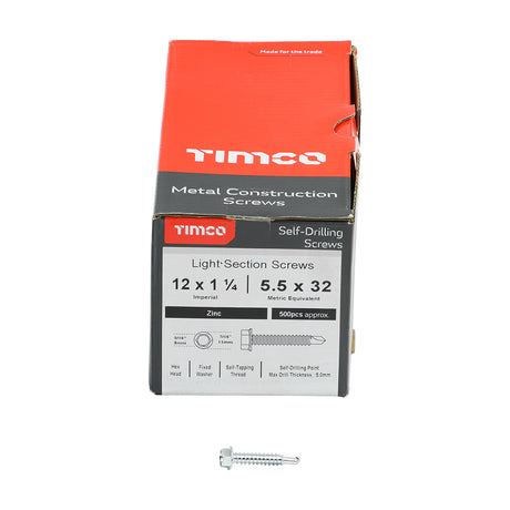 This is an image showing TIMCO Metal Construction Light Section Screws - Hex - Self-Drilling - Zinc - 12 x 1 1/4 - 500 Pieces Box available from T.H Wiggans Ironmongery in Kendal, quick delivery at discounted prices.