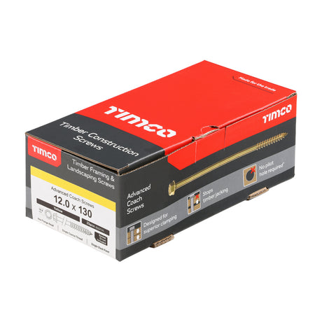 This is an image showing TIMCO Advanced Coach Screws - Hex Flange - Yellow - 12.0 x 130 - 25 Pieces Box available from T.H Wiggans Ironmongery in Kendal, quick delivery at discounted prices.