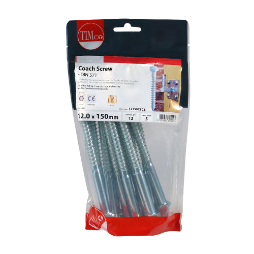 This is an image showing TIMCO Coach Screws - Hex - Zinc - 12.0 x 150 - 12 Pieces TIMbag available from T.H Wiggans Ironmongery in Kendal, quick delivery at discounted prices.