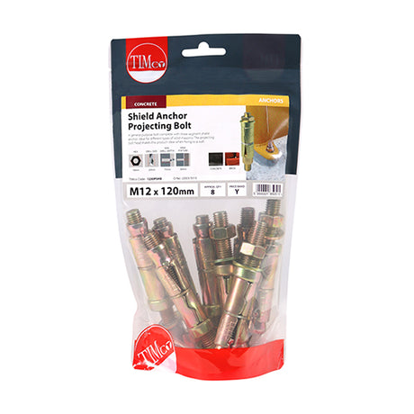 This is an image showing TIMCO Shield Anchor Projecting Bolts - Yellow - M12:30P (M12 x 120) - 8 Pieces TIMbag available from T.H Wiggans Ironmongery in Kendal, quick delivery at discounted prices.