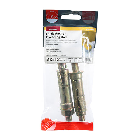 This is an image showing TIMCO Shield Anchor Projecting Bolts - Yellow - M12:30P (M12 x 120) - 2 Pieces TIMpac available from T.H Wiggans Ironmongery in Kendal, quick delivery at discounted prices.