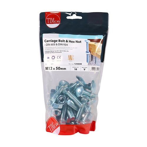 This is an image showing TIMCO Carriage Bolts & Hex Nuts - Zinc - M12 x 50 - 18 Pieces TIMbag available from T.H Wiggans Ironmongery in Kendal, quick delivery at discounted prices.