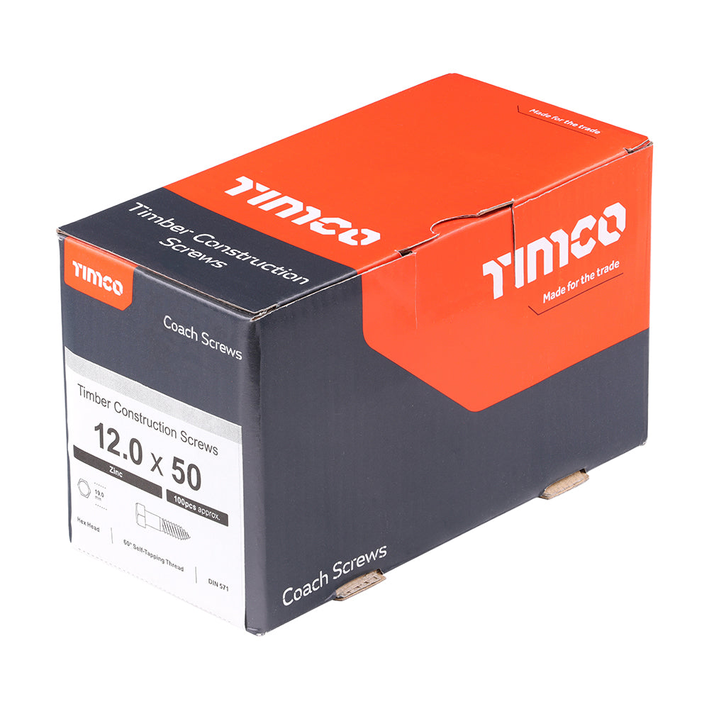 This is an image showing TIMCO Coach Screws - Hex - Zinc - 12.0 x 50 - 100 Pieces Box available from T.H Wiggans Ironmongery in Kendal, quick delivery at discounted prices.