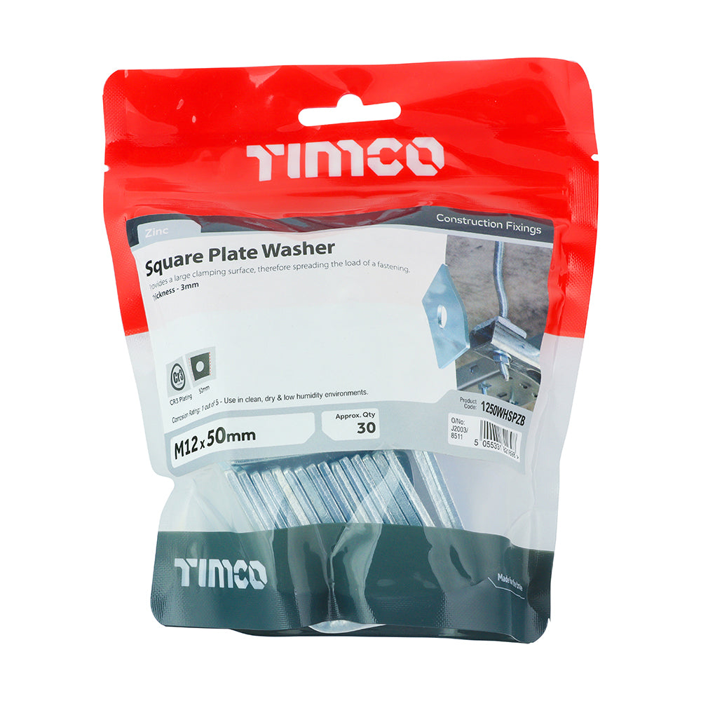 This is an image showing TIMCO Square Plate Washers - Zinc - M12 x 50 x 50 x 3 - 30 Pieces TIMbag available from T.H Wiggans Ironmongery in Kendal, quick delivery at discounted prices.