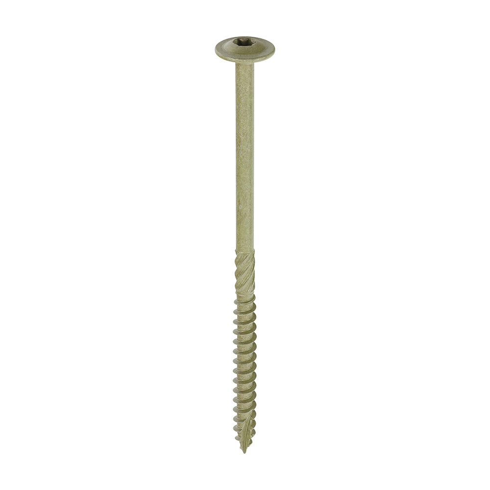 This is an image showing TIMCO Timber Frame Construction & Landscaping Screws - Wafer - Exterior - Green Organic - 6.7 x 125 - 50 Pieces Box available from T.H Wiggans Ironmongery in Kendal, quick delivery at discounted prices.