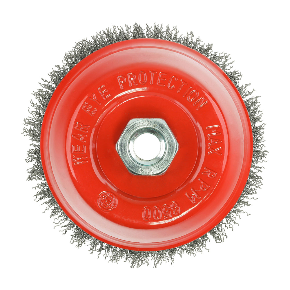 This is an image showing TIMCO Angle Grinder Cup Brush - Crimped Steel Wire - 125mm - 1 Each Blister Pack available from T.H Wiggans Ironmongery in Kendal, quick delivery at discounted prices.