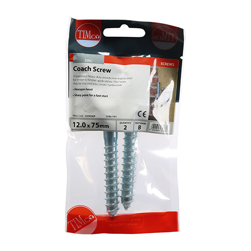 This is an image showing TIMCO Coach Screws - Hex - Zinc - 12.0 x 75 - 2 Pieces TIMpac available from T.H Wiggans Ironmongery in Kendal, quick delivery at discounted prices.