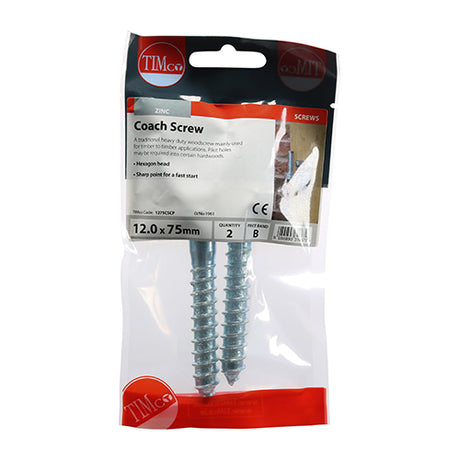 This is an image showing TIMCO Coach Screws - Hex - Zinc - 12.0 x 75 - 2 Pieces TIMpac available from T.H Wiggans Ironmongery in Kendal, quick delivery at discounted prices.