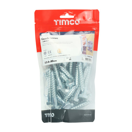 This is an image showing TIMCO Coach Screws - Hex - Zinc - 12.0 x 80 - 25 Pieces TIMbag available from T.H Wiggans Ironmongery in Kendal, quick delivery at discounted prices.