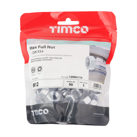 This is an image showing TIMCO Hex Full Nuts - Zinc - M12 - 90 Pieces TIMbag available from T.H Wiggans Ironmongery in Kendal, quick delivery at discounted prices.