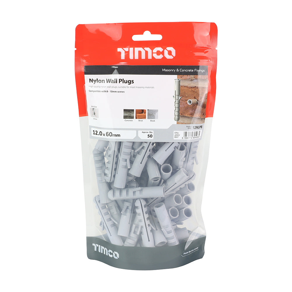 This is an image showing TIMCO Nylon Plugs - 12.0 x 60 - 50 Pieces TIMbag available from T.H Wiggans Ironmongery in Kendal, quick delivery at discounted prices.