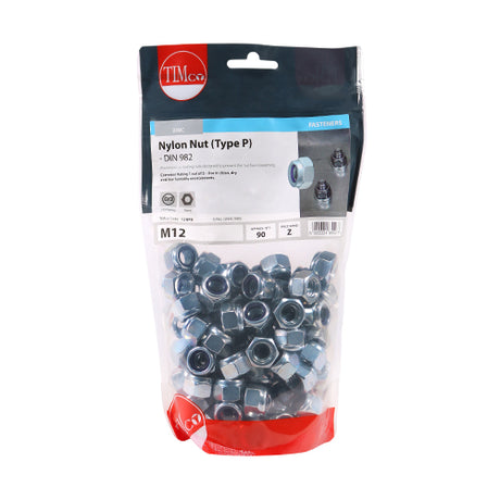 This is an image showing TIMCO Nylon Nuts - Type P - Zinc - M12 - 90 Pieces TIMbag available from T.H Wiggans Ironmongery in Kendal, quick delivery at discounted prices.