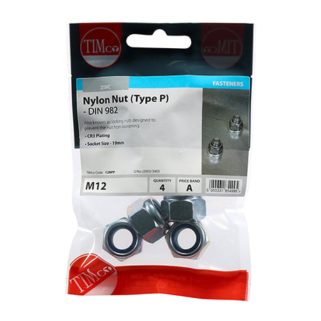 This is an image showing TIMCO Nylon Nuts - Type P - Zinc - M12 - 4 Pieces TIMpac available from T.H Wiggans Ironmongery in Kendal, quick delivery at discounted prices.