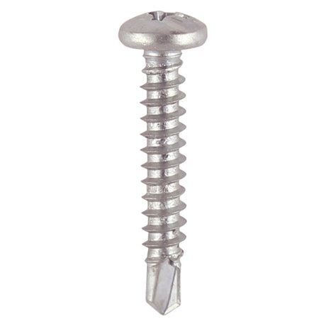 This is an image showing TIMCO Window Fabrication Screws - Pan - PH - Self-Tapping - Self-Drilling Point - Martensitic Stainless Steel & Silver Organic - 4.2 x 13 - 1000 Pieces Box available from T.H Wiggans Ironmongery in Kendal, quick delivery at discounted prices.