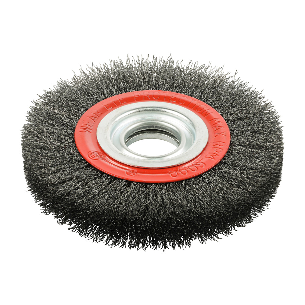 This is an image showing TIMCO Wheel Brush with Plastic Reducer Set - Crimped Steel Wire - 150mm - 1 Each Blister Pack available from T.H Wiggans Ironmongery in Kendal, quick delivery at discounted prices.