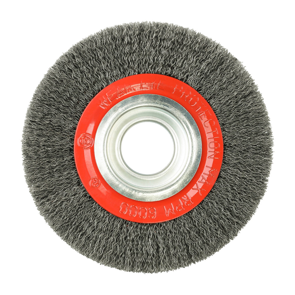 This is an image showing TIMCO Wheel Brush with Plastic Reducer Set - Crimped Steel Wire - 150mm - 1 Each Blister Pack available from T.H Wiggans Ironmongery in Kendal, quick delivery at discounted prices.